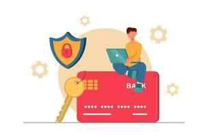 Online banking. A man with a laptop sits on a credit card, keys and a lock nearby vector