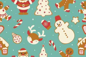 Winter seamless patterns with gingerbread cookies. Awesome holiday vector background. Christmas repeating texture for surface design, wallpapers, fabrics, wrapping paper etc. Vector illustration