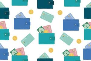 Credit seamless pattern. A repeating design element for printing on fabric. Wallet, card and cash. Cartoon flat vector illustration. Vector