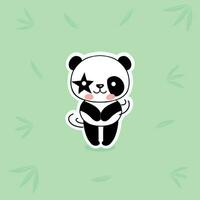 Panda on a green background with bamboo leaves. Tropical animal and leaves. Vector