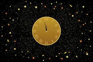 Gold Clock indicating countdown to 12 O' Clock New Year's Eve on a black background with abstract designs. Vector illustration