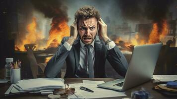 Everyday Office Pressure A Stressed Employee at Work. Relatable Image for Work and Corporate Life photo