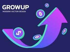 creciente degradado color flecha arriba con dinero monedas, cripto monedas moderno vector concepto. negocio crecimiento, inversión y Finanzas ingresos objetivo y éxito. comienzo un negocio con alto ganancias