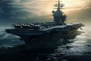 Fighter aircraft carrier in the ocean. 3d render illustration. An aircraft carrier, AI Generated photo