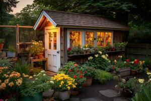 hermosa pequeño casa en el jardín a noche. pequeño de madera casa con flores un atmosférico imagen de un sereno, acogedor patio interior pollo cooperativa, con un cálido, atractivo aroma relleno el aire, ai generado foto