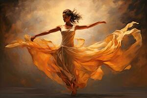 3d illustration of a beautiful woman dancing in a silk dress. an action flying dance pose of a woman dancing ballet, oil painting style, AI Generated photo