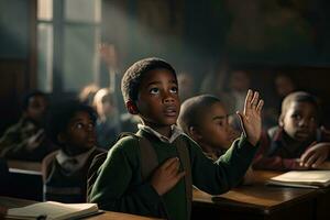 africano americano chico en colegio uniforme ondulación mano durante lección en aula, un africano americano chico levanta su mano para un responder en clase, ai generado foto