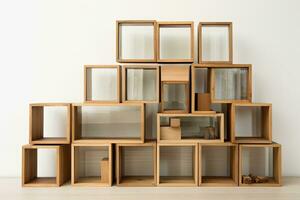 Wooden shelves in the interior of the room. 3D rendering, array of nested boxes, The boxes are arranged in a natural manner, each containing a content-rich area, AI Generated photo