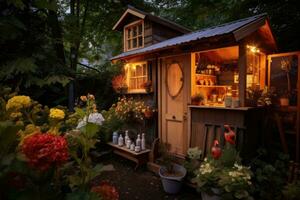 café tienda en el jardín a noche con hermosa ligero. un atmosférico imagen de un sereno, acogedor patio interior pollo cooperativa, con un cálido, atractivo aroma relleno el aire, ai generado foto