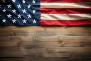 American flag on a wooden background with copy space for your text. American flag on wooden background, copy space, AI Generated photo