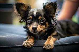 Cute chihuahua puppy is lying on the sofa. An adorable image of a little pooch in a warm, friendly atmosphere, enjoying its forever home with its owner, AI Generated photo