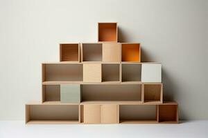 Wooden bookshelves on the white background. 3d rendering, array of nested boxes, The boxes are arranged in a natural manner, each containing a content-rich area, AI Generated photo