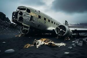 antiguo militar avión ruina en el negro arena playa. 3d representación, un abandonado avión descansa solemnemente en un solitario negro arena playa, ai generado foto