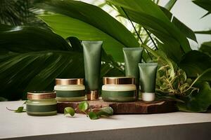 Cosmetic containers with green leaves on wooden table. Beauty treatment and spa concept, embodies natures essence. organic facial skincare, makeup, and skin care cosmetic items, AI Generated photo