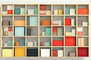 3d rendered illustration of a bookshelf with colorful folders. array of nested boxes, The boxes are arranged in a natural manner, each containing a content-rich area, AI Generated photo