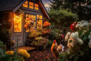 Cock in front of a house decorated with flowers at sunset. An atmospheric image of a serene, cozy backyard chicken coop, with a warm, inviting aroma filling the air, AI Generated photo