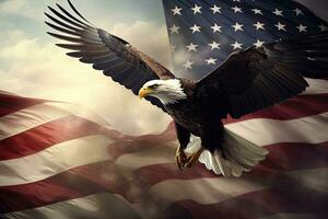 calvo águila volador en el antecedentes de el americano bandera. 3d representación, americano calvo águila volador, símbolo de America con bandera, ai generado foto