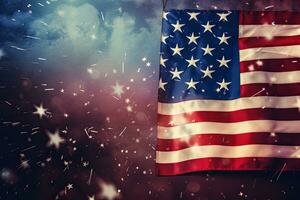 American flag against fireworks exploding on black background with vignette effect, American flag background with fireworks. USA Independence Day concept, AI Generated photo