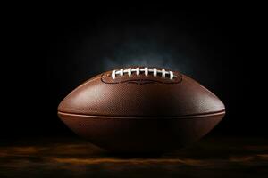 American football ball with smoke on dark background. Close-up. American football ball close up on black background, AI Generated photo
