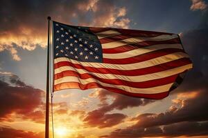 American flag waving in the wind at sunset, 3d render. American flag waving in the wind at sunset, AI Generated photo