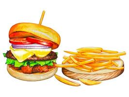 Fresh tasty burgers with french fries. Watercolor vector