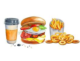 Burger with french fries, coffee. Watercolor vector