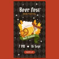 Beer festival vertical social media stories template. Design with glass of beer, pretzel and fork with sausage, wheat and leaves. Rhombus pattern on back vector