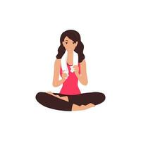 mujer en deporte vestir en loto actitud con un toalla alrededor su cuello. hembra en medias practicando yoga. vector ilustración aislado en blanco antecedentes