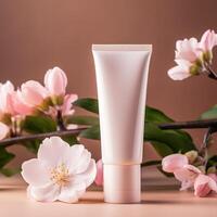a blank white tube of skincare products next to a pink flower photo