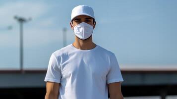 a man with face mask in a white t shirt photo