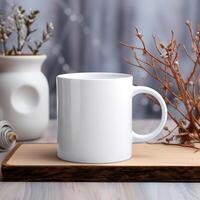a white mug with blur background photo