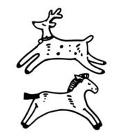 Doodle of children's toys animals. Outline drawing of horse and deer figurines. Hand drawn vector illustration. Clip arts isolated on white.