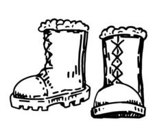 Doodle of warm boots. Outline drawing of winter footwear. Hand drawn vector illustration. Single clipart isolated on white background.