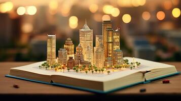a book is open with a city in the background photo