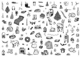 Set of winter time doodles, Christmas holidays symbols. Cozy items, xmas decorations, clothes, foods, animals. Hand drawn vector illustrations. Outline clip arts collection isolated on white.