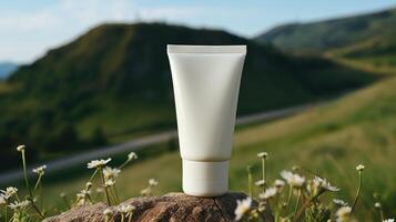 white cream tube on grass on the terrain photo