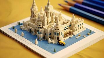 ai generativo Lego papel europeo edificio en cuaderno y lápiz en parte superior foto