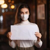 a woman with a face mask holding a white sign paper photo