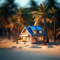 AI generative a portrait of a miniature house in ocean beach with palm trees and waves photo