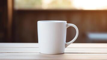 white cup sitting on top of a table in white background photo