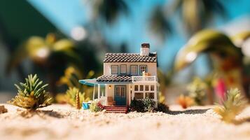 a portrait of a miniature house in ocean beach with palm trees and waves photo