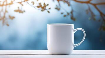 a white mug with blur background photo