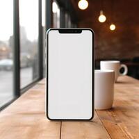 a white screen cell phone on a wooden table photo