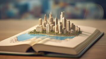 a book is open with a city in the background photo