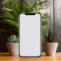 a smartphone on a wooden table with plant photo