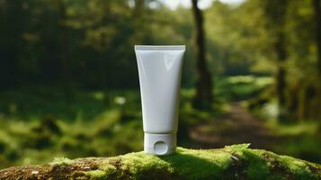 AI Generative white tube of sun cream over a green moss photo