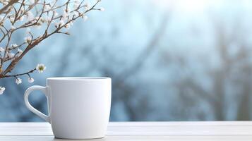 a white mug with blur background photo