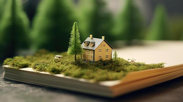 miniature house in forest on notebook with trees and river photo