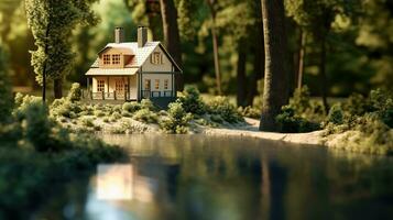 ai generativo miniatura casa en bosque con arboles y río miniatura foto