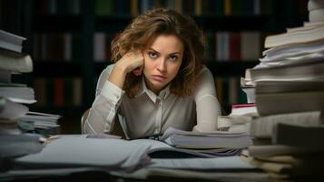 A Stressed Female Employee Reflects the Challenges of Work Relatable Image for Workplace Stress photo